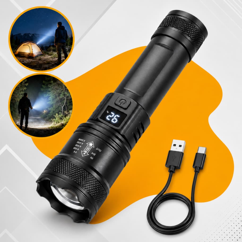 Lanterna LED Recarregável com Zoom Alta Potência Portátil com Display LCD Resistente à Água