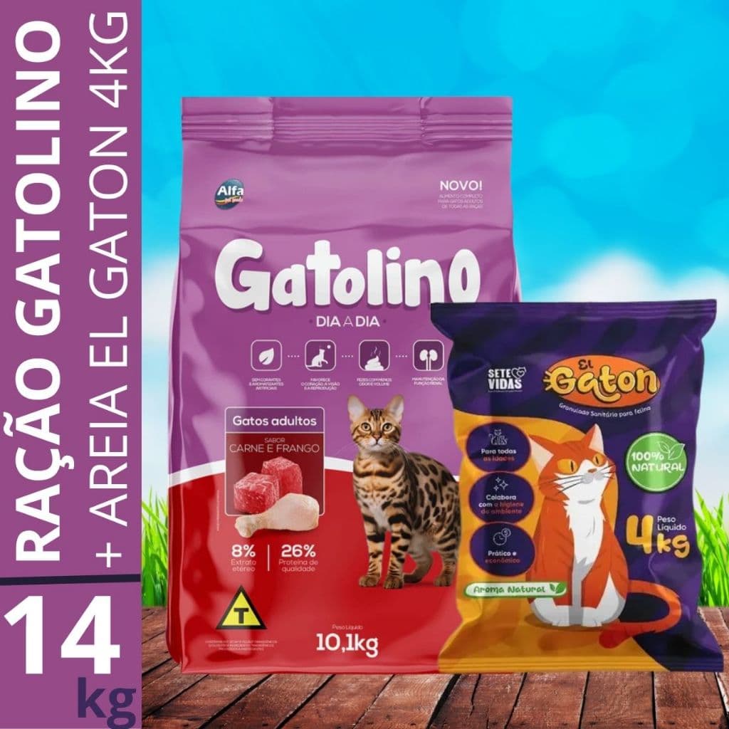 Kit Ração para Gato Gatolino 10Kg Dia a Dia Carne e Frango + Areia de Gato El Gaton 4kg