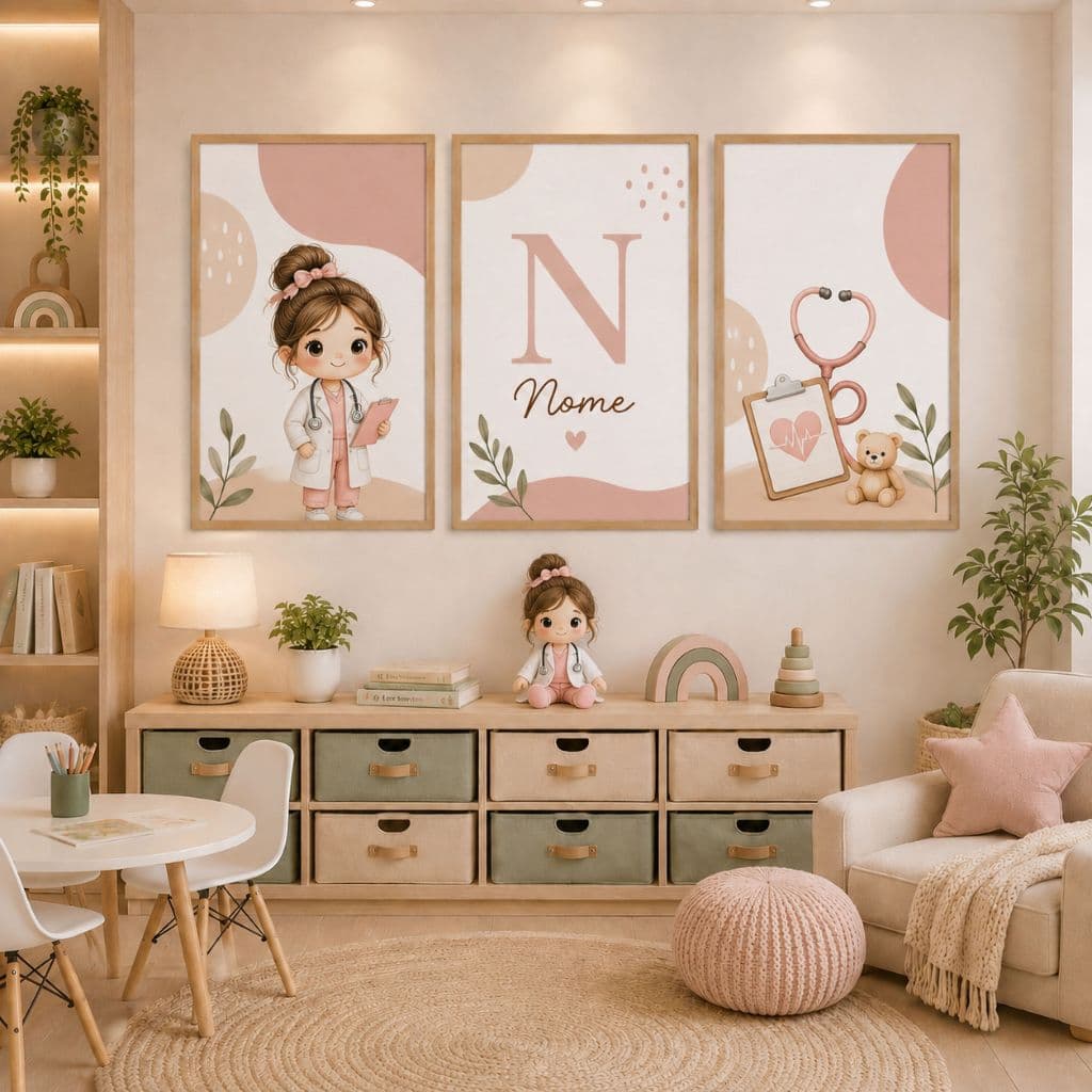 Kit 3 Quadros Infantil Com Nome Profissões Medico Personalizado