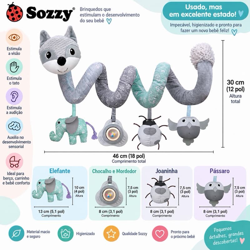 Sozzy Brinquedo Espiral para Bebê com Chocalho e Mordedor – Berço, Carrinho e Bebê Conforto
