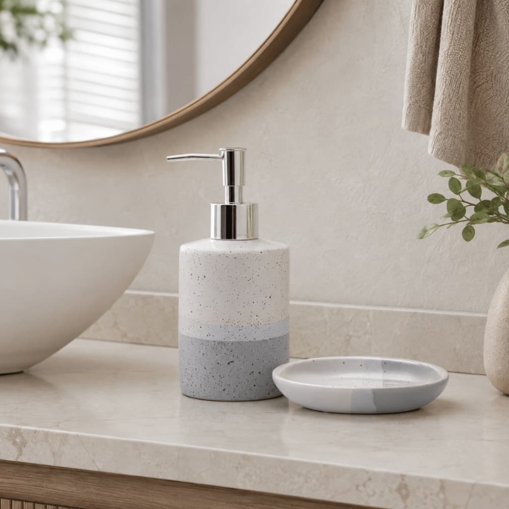 Kit Banheiro Lavabo 2 Peças Cerâmica Dispenser Porta Sabonete Líquido Saboneteira Rústico Cinza Decoração Bancada Lyor