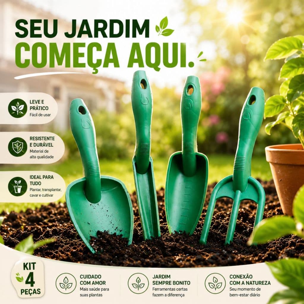 Kit Ferramentas para Jardim 4 Peças Nutriplan Pá Garfo Cultivador Plantas Vasos Horta Jardinagem