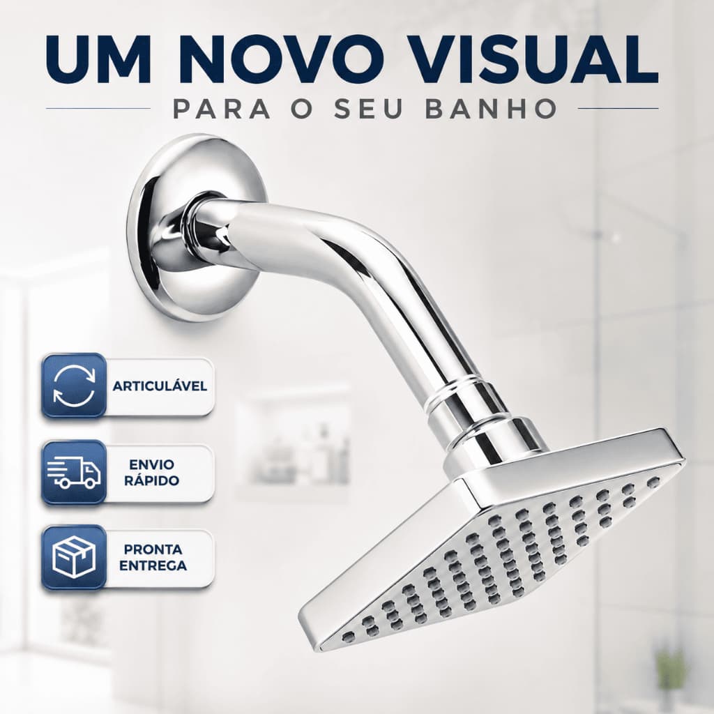 Ducha Chuveiro Quadrado Cromado Articulável ABS 10x10cm Para Aquecedor Gás Solar Banheiro