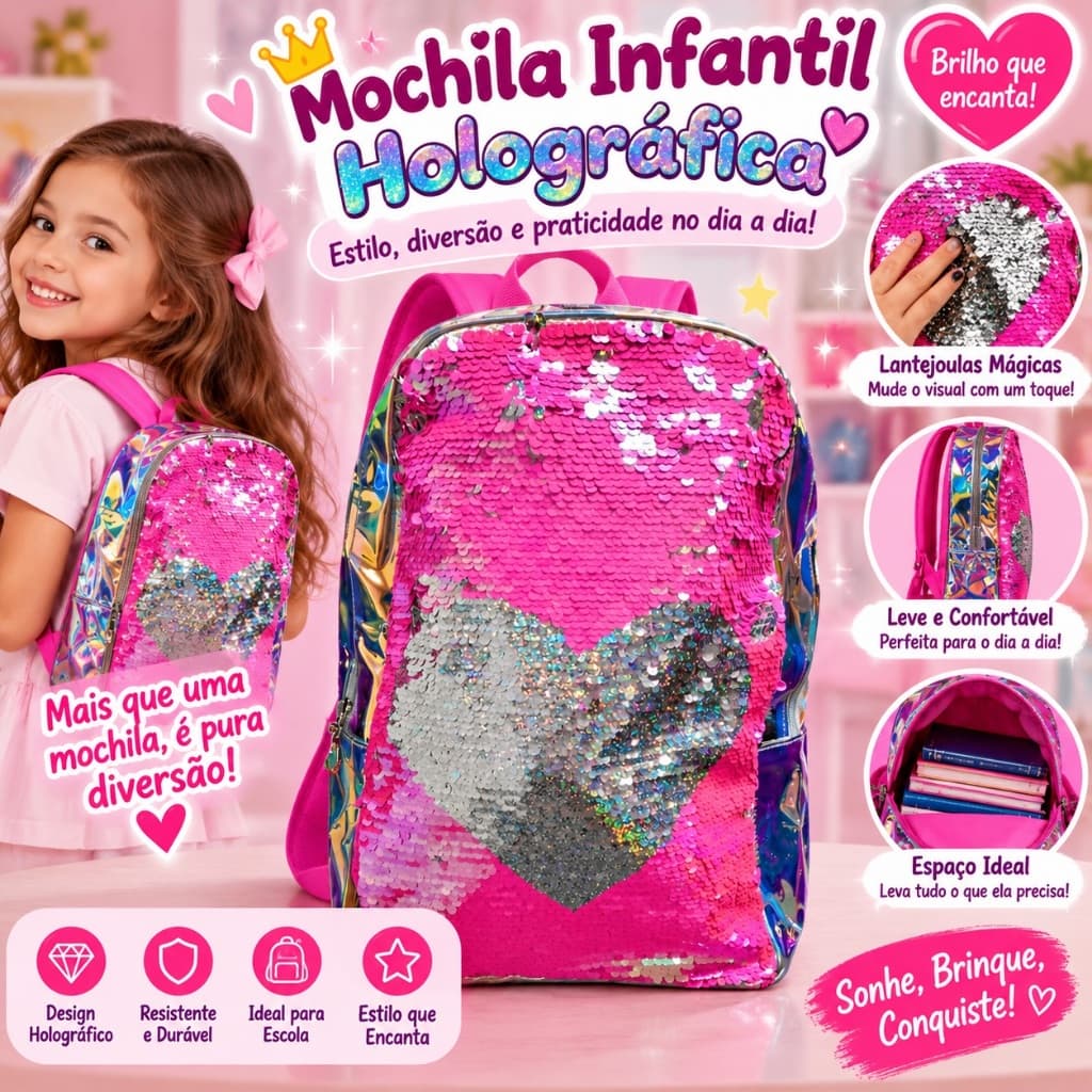 Mochila Infantil de Lantejoulas Holográficas Colorida Resistente Escolar para Meninas Passeio e Viagem