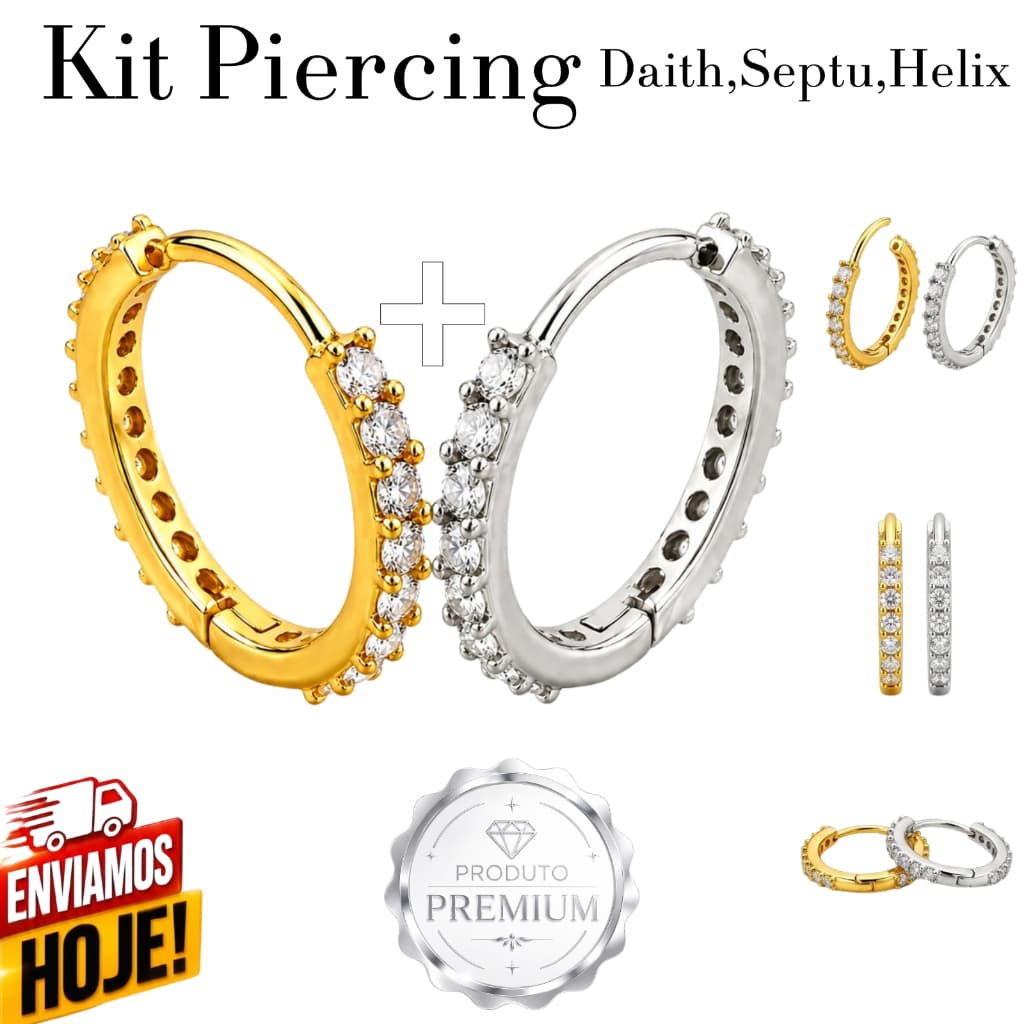 Piercing Daith Septo Nariz Orelha Helix Argola Cravejado Zircônia Prateado ou Dourado 2 Unidades