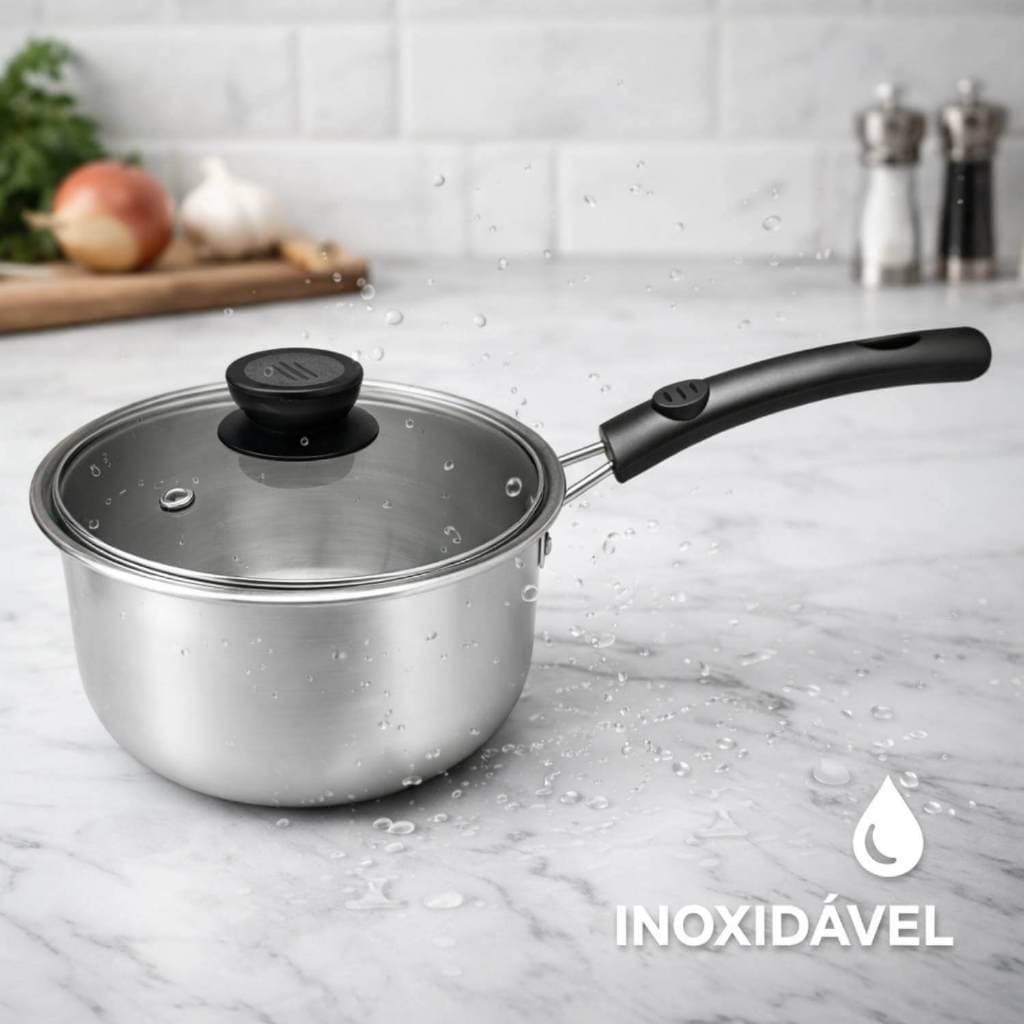 Panela Inox Boutique Para Leite E Sopa 18 Cm Com Tampa De Vidro Compatível com Fogão Indução