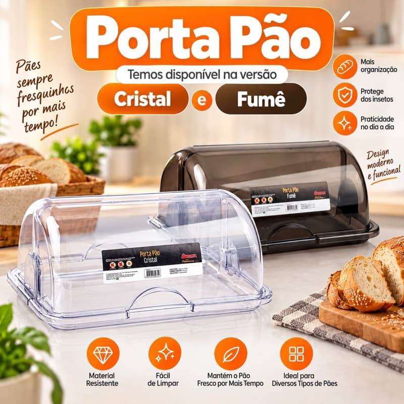 Porta Pão Transparente Cristal Ou Fumê Tampa Basculante Organizador De Cozinha Conserva o Pão Doces