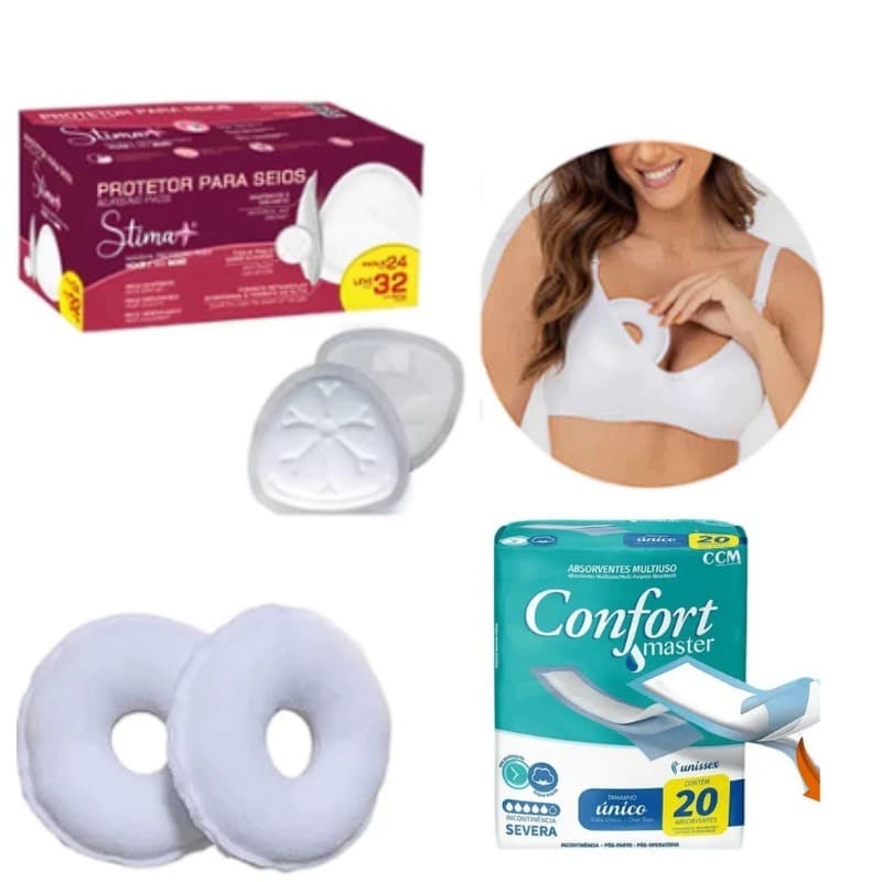 KIT CUIDADOS PÓS PARTO DA MAMÃE ABSORVENTE PÓS PARTO 20 UN/ROSQUINHA PARA SEIOS/ABS PARA SEIOS 30 UN