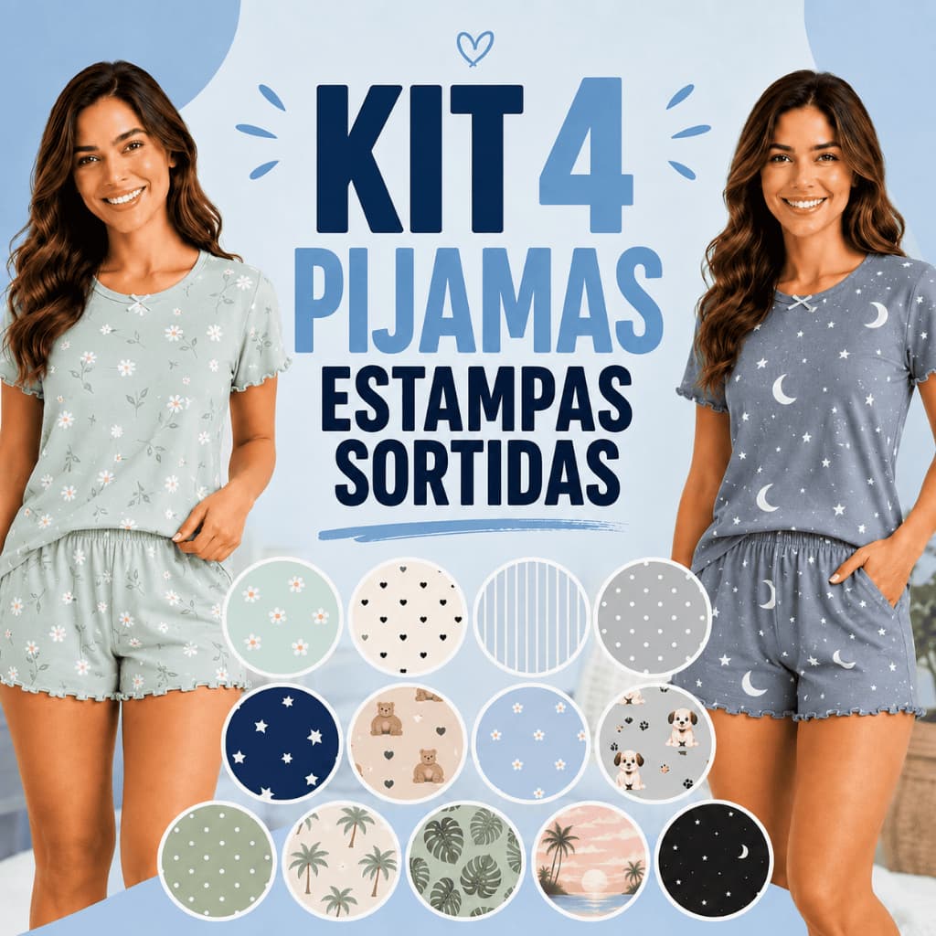 Kit 4 Pijamas Curto Feminino Verão Viscose Leve Confortável Estampas Sortidas Atacado Promoção P M G GG