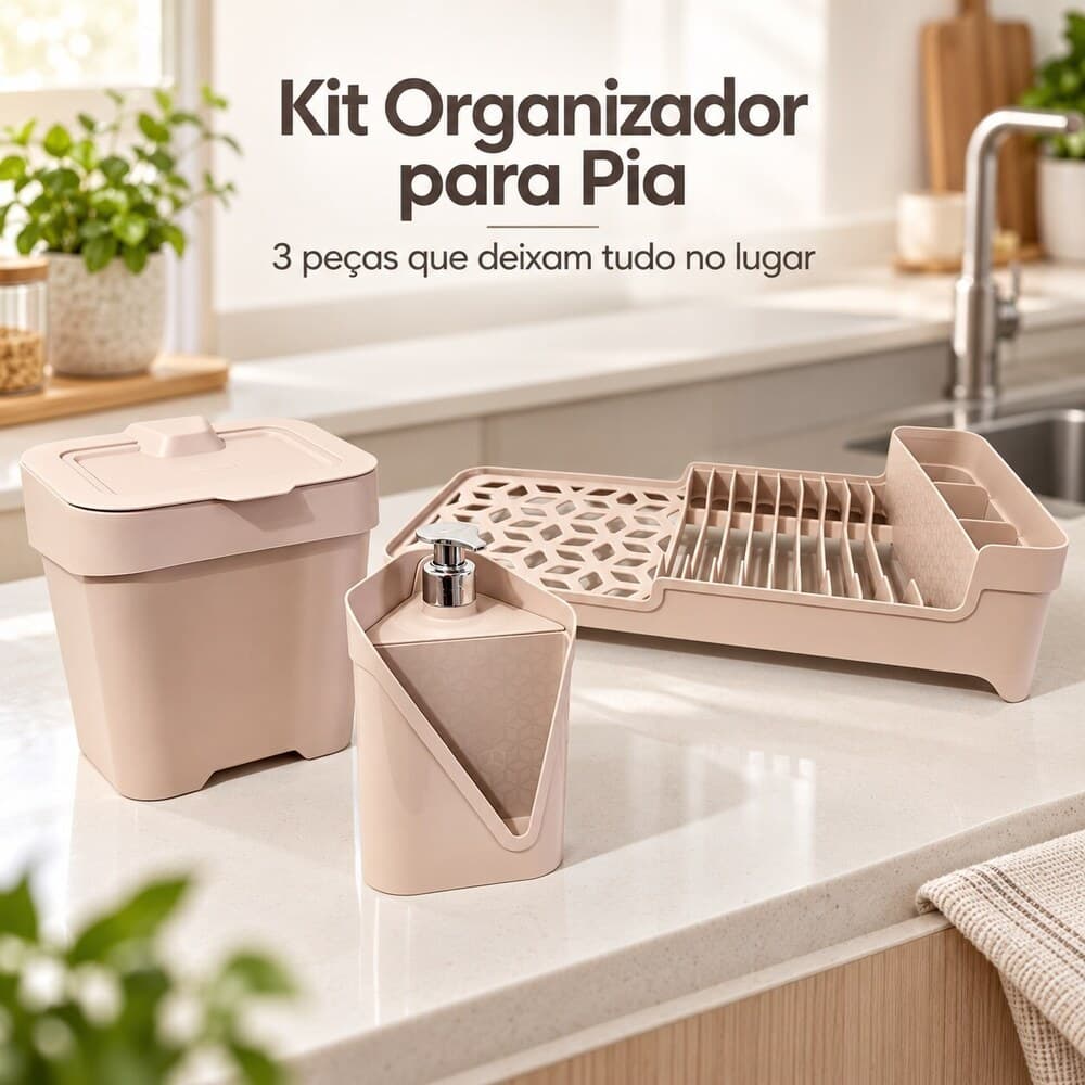 Kit Organizador de Pia UZ 3 Peças Capuccino com Escorredor, Lixeira 2,5L e Dispenser 500ml