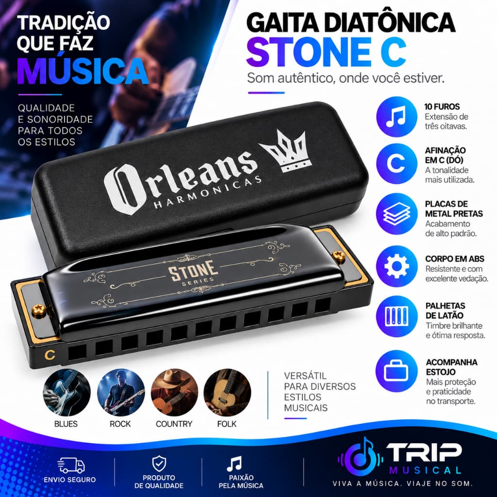 Gaita Boca Harmônica Orleans Stone Diatônica C Afinação Dó 10 Furos