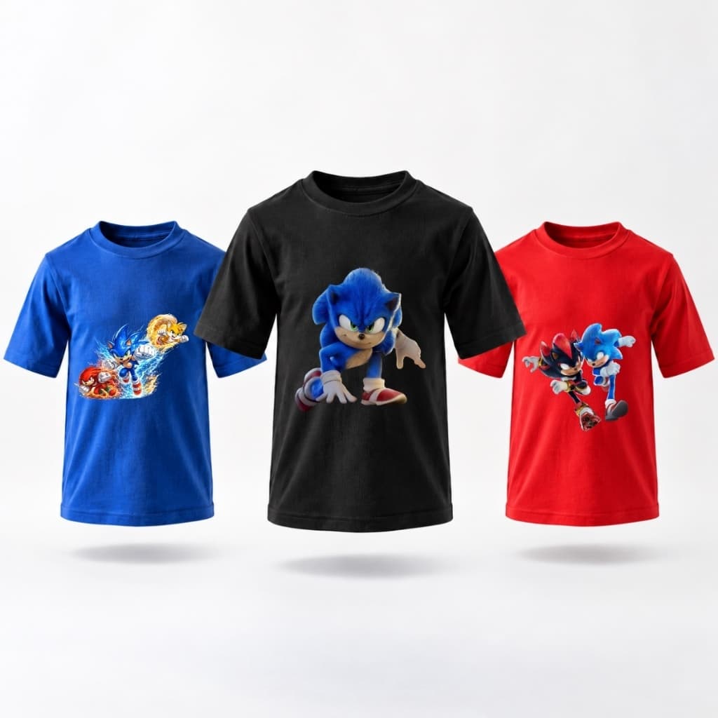 Kit 3 Camisetas Infantis Menino Sonic Shadow Tails Algodão Estampada