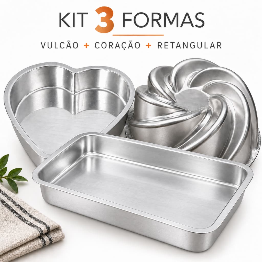 Kit 3 Formas de Alumínio | Vulcão + Coração 01 + Retangular Nº 01