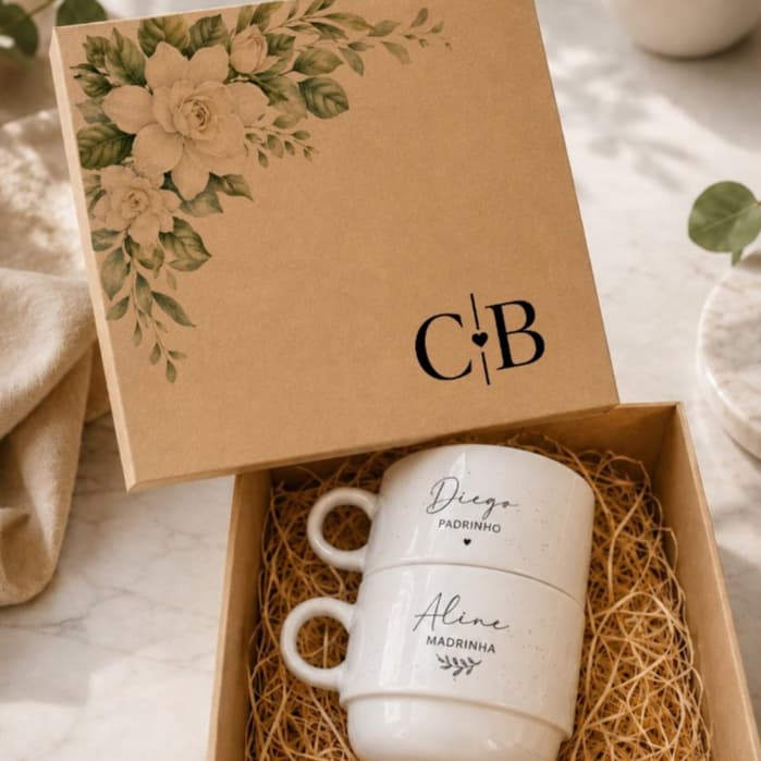Kit 2 Xícaras Personalizadas e 1 Caixa MDF Para Padrinhos de casamento,dindos,pais dos noivos,MADRINHA