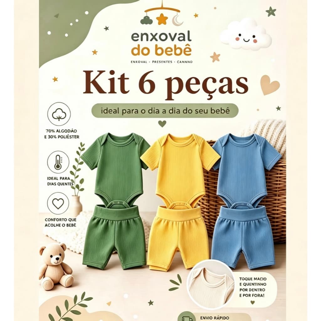 Kit 6 Peças Body Manga Curta e Shortinho Para Bebe Infantil Verão