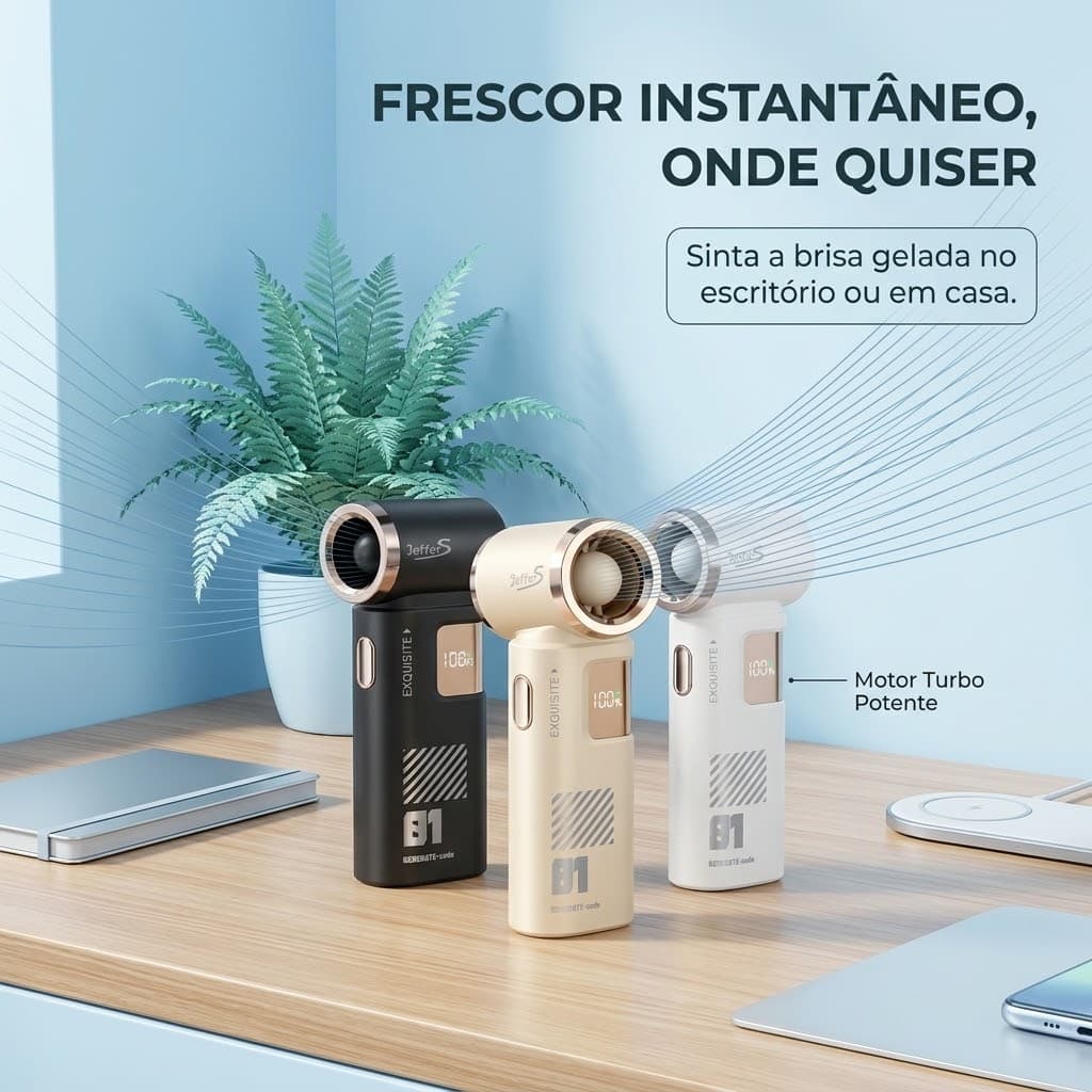 Ventilador Portátil Turbo 120 Velocidades 24h de Bateria Display LED Recarregável USB-C Silencioso