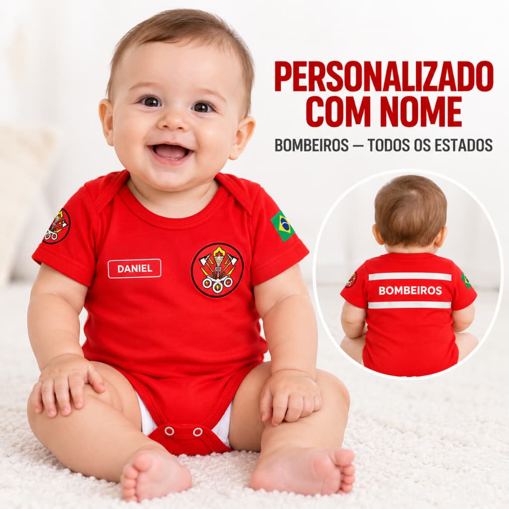 Body Bebê Bombeiro Personalizado com Nome Todos os Estados Profissão Bombeiros