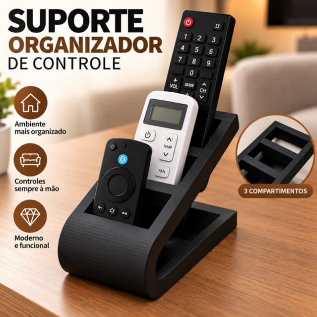 Suporte Organizador Controle Remoto 3 Compartimentos Preto Mesa Rack Sala Tv Ar Condicionado Moderno Decorativo
