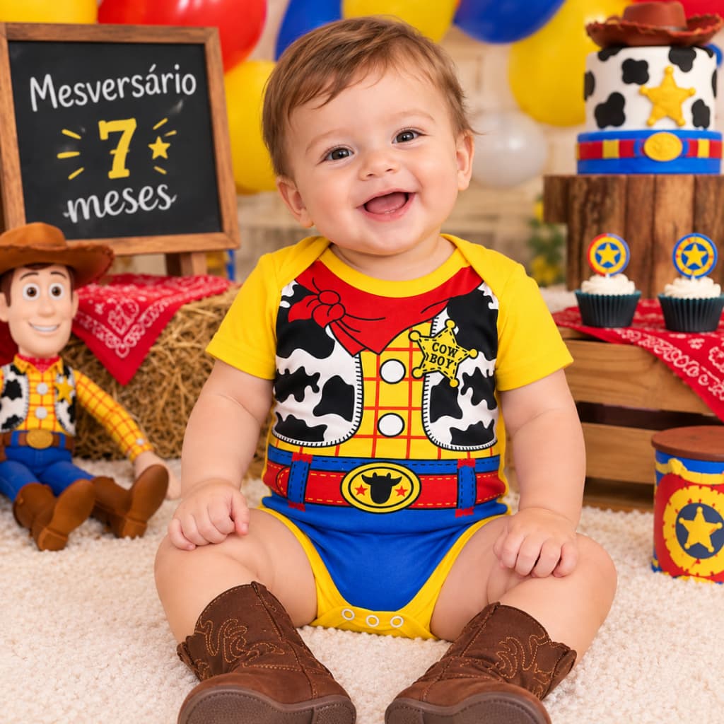 Body Temático Toy Story Wood Bebê Cowboy Opcional Chapéu Menino, Aniversário Mesversário Infantil