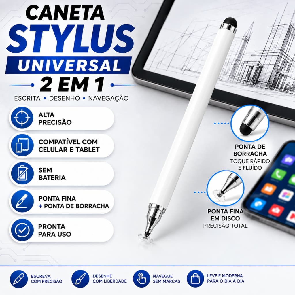 Caneta Touch Screen Stylus 2 Em 1 Ponta Dupla Tablet Celular - PRETA