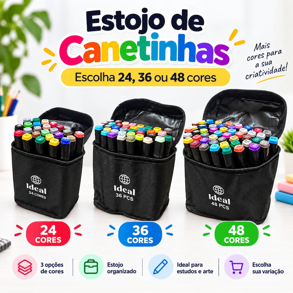 Kit Canetas de Colorir Ponta Dupla com Estojo 24, 36 ou 48 Cores para Desenho Pintura Lettering
