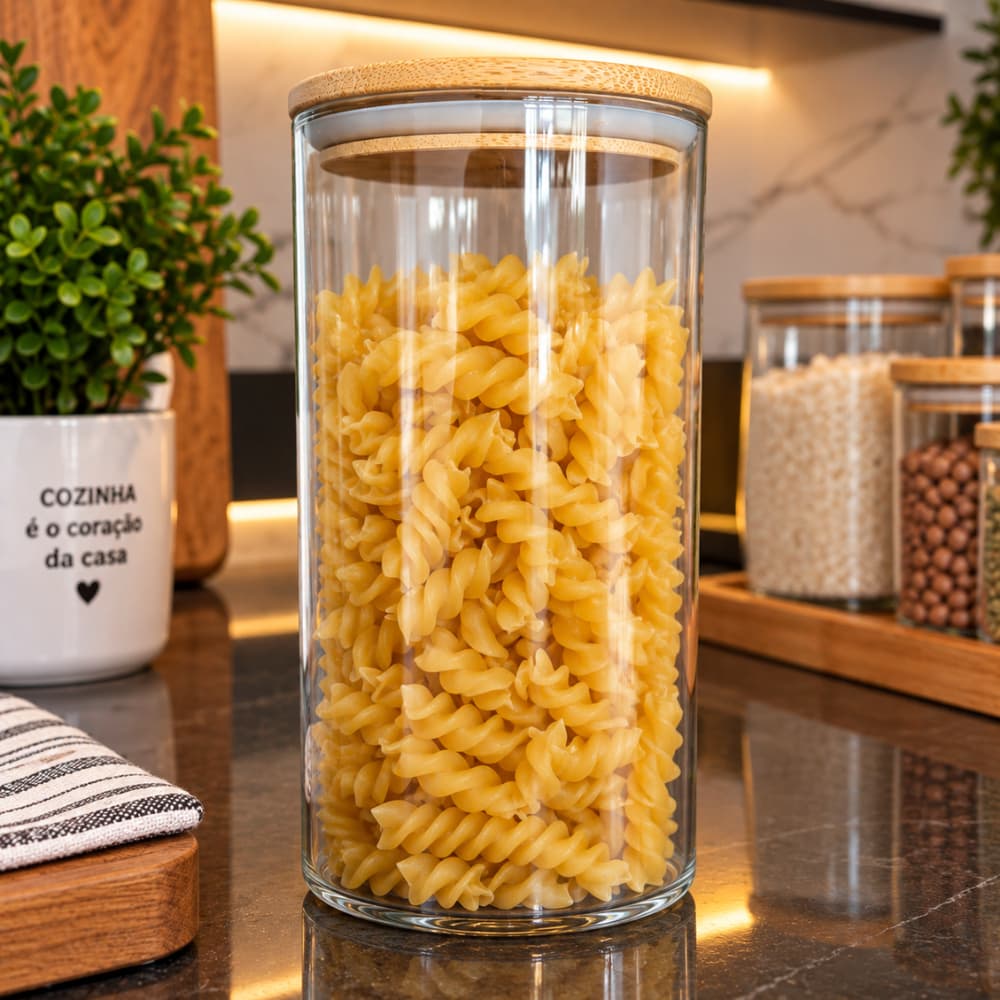 Pote de Vidro Hermético 1200ml com Tampa de Bambu para Mantimentos Cozinha Organizador