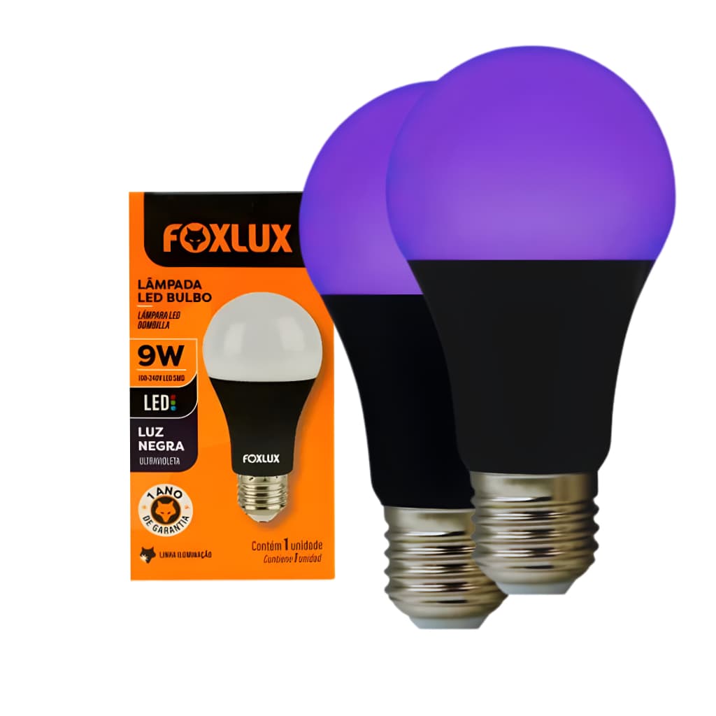 Kit 2 Lâmpadas Luz Negra LED 9W bulbo Bivolt E27 Foxlux UV-A Efeito Neon para Festa, Decoração, Gamer
