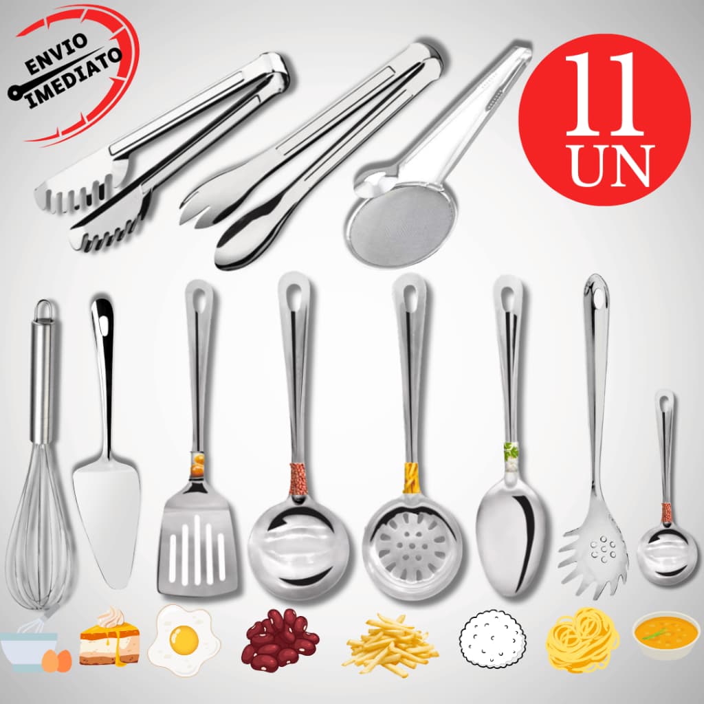 Kit 11 Kit Utensilio Para Cozinha 100% Inox Colher Concha Pegador Massa Salada Mini concha