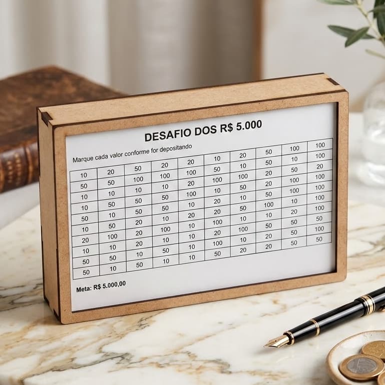 Cofre Desafio 5.000 e 1.000 Reais em MDF Quadro Cofrinho para Economizar Dinheiro 22x14,5cm