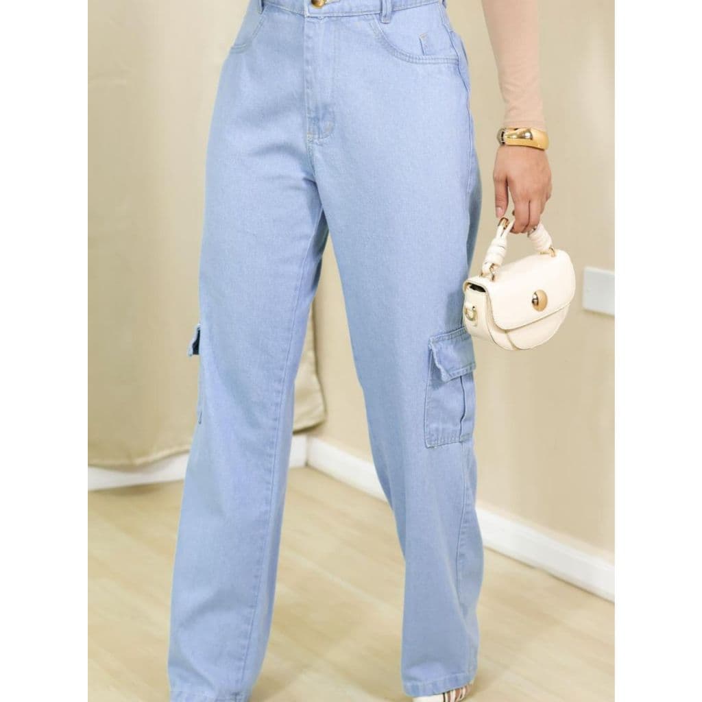 calça jeans cargo wide leg feminina