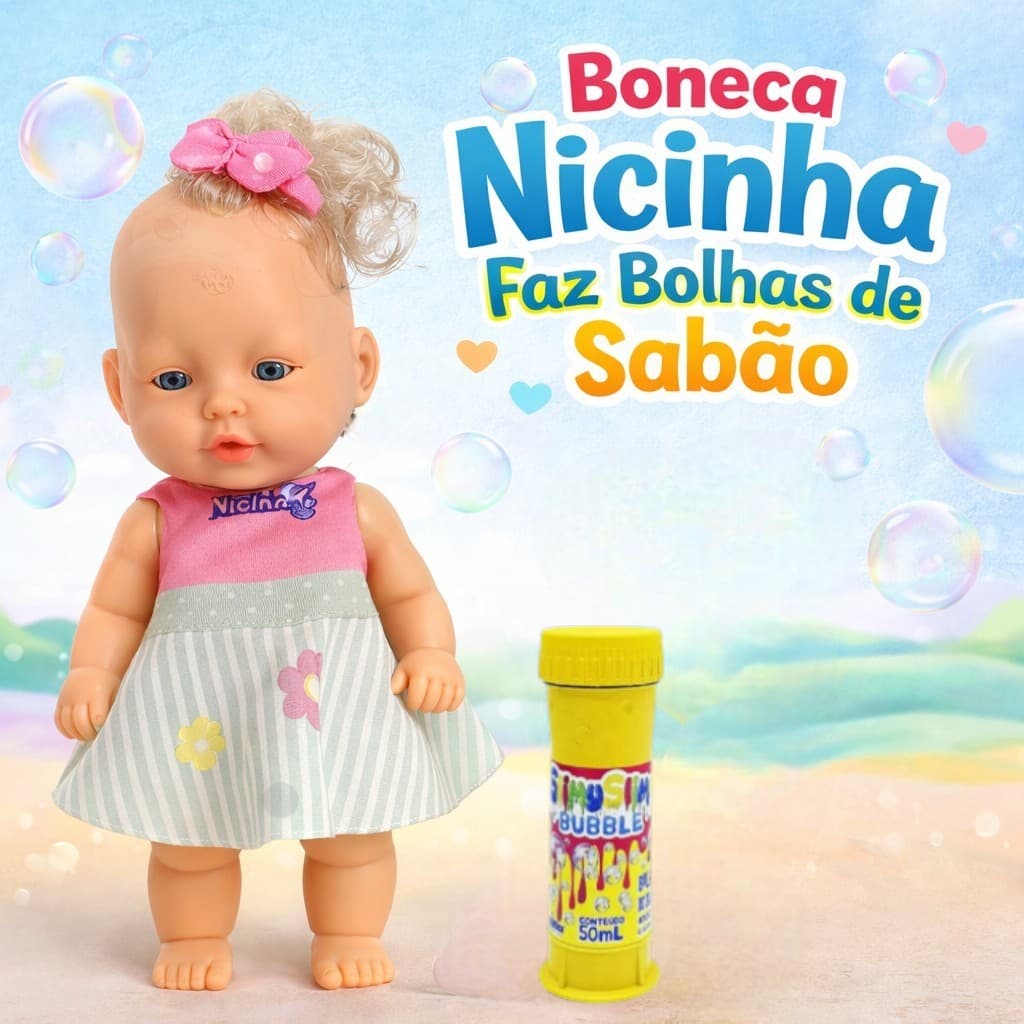 Boneca Nicinha com Bolha de Sabão Menina Brinquedo Infantil Boneca com Acessórios Menina