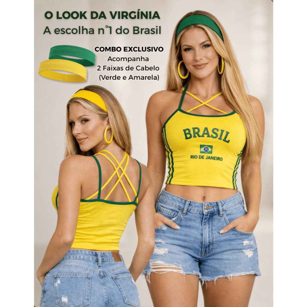 Cropped Virgínia Top Alcinha Feminino Blusinha Bordado Ribana Premium Algodão Faixa Cabelo Copa do Mundo Brasil