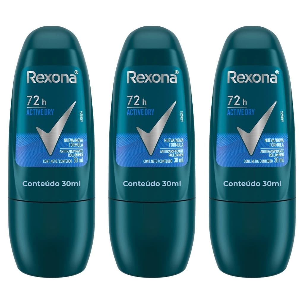 Kit 03un Desodorante Roll On Compact Rexona Men Active Dry 72h 30ml