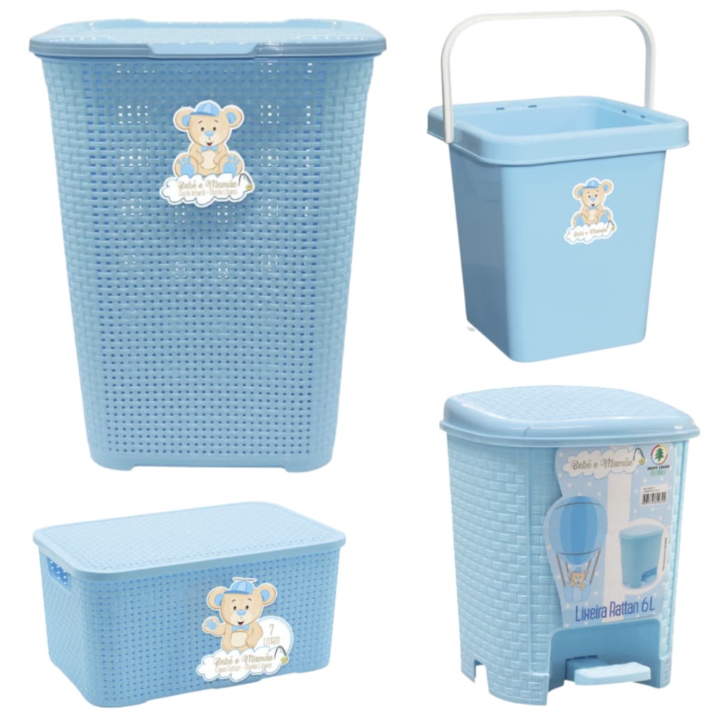 Kit 4 Peças Com Cesto de Roupas de Bebê Rattan Com Caixa, Balde e Lixeira Infantil