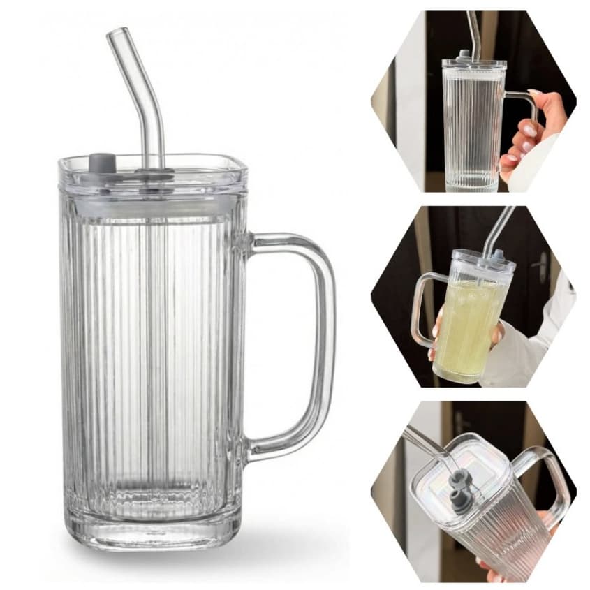 Kit 2 Copos para Suco Café Vidro 250ml com Tampa e Canudo de Vidro