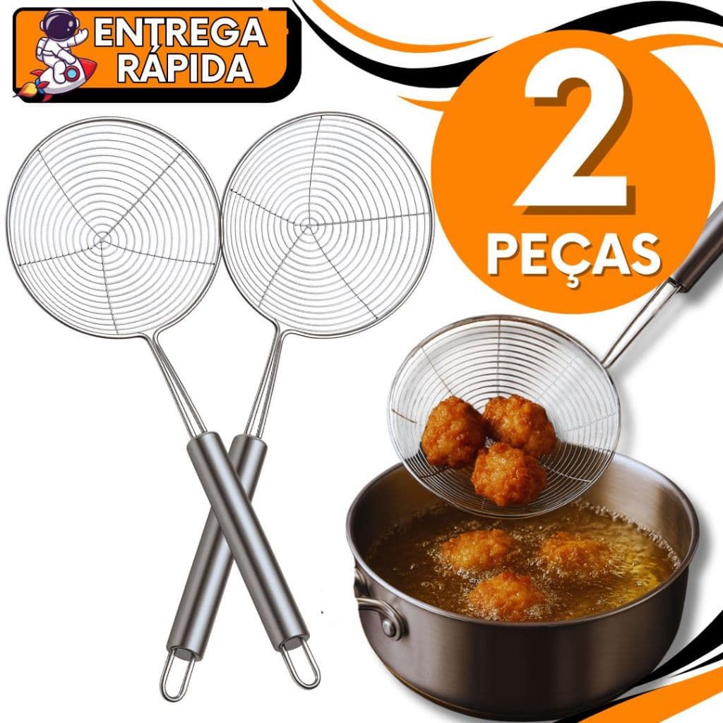 Kit 2 Escumadeiras Inox  Fritura Aço Inoxidável Aramada Resistente Batata Pastel Coxinha Escorre Oleo Seca Praticidade