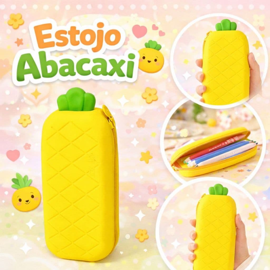 Estojo Abacaxi Silicone Clio Necessaire Escolar Multiuso com Zíper