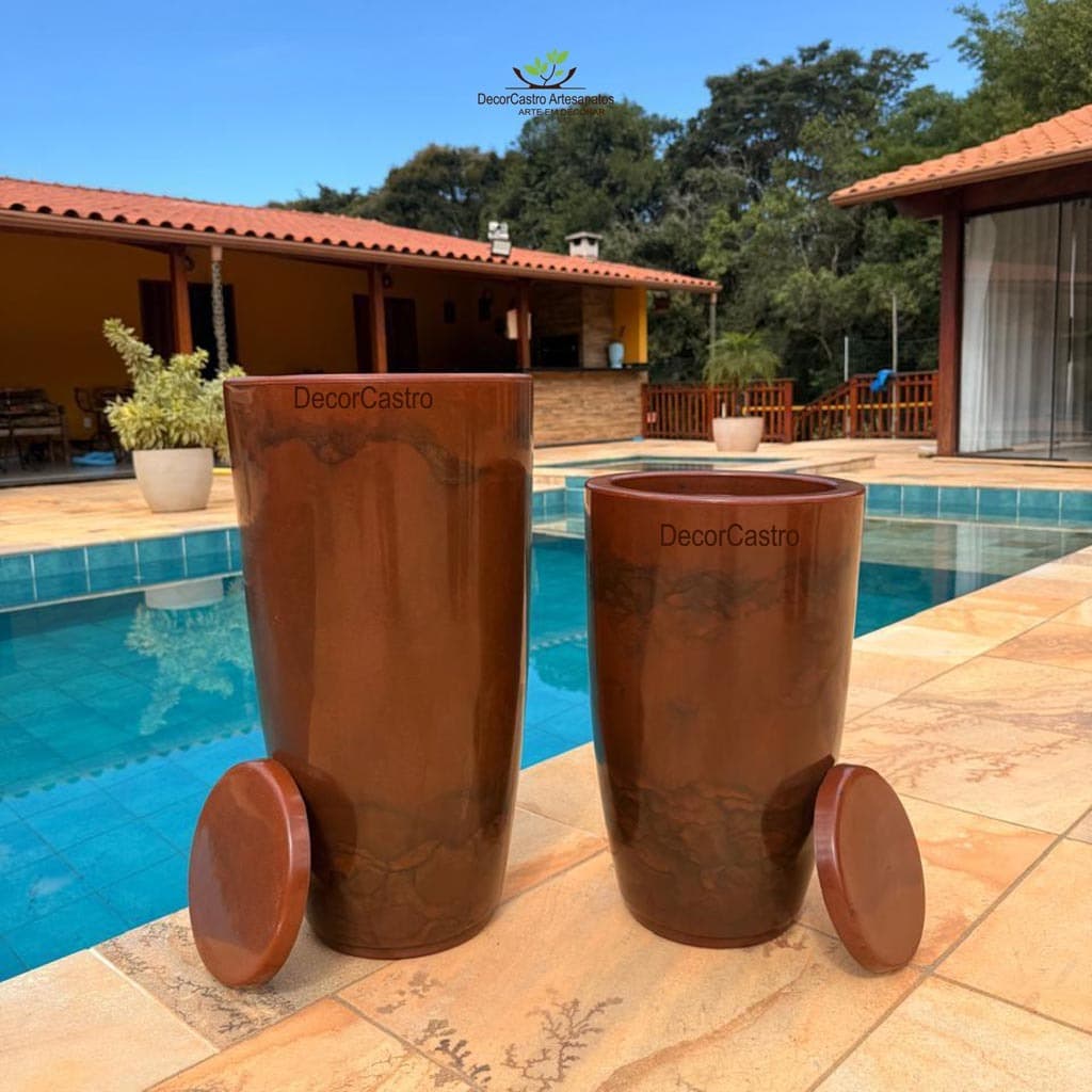 Kit 2 Vasos para Plantas Coluna Polida Lisa Marmorizada Com Prato P/M em Polietileno Decorativo