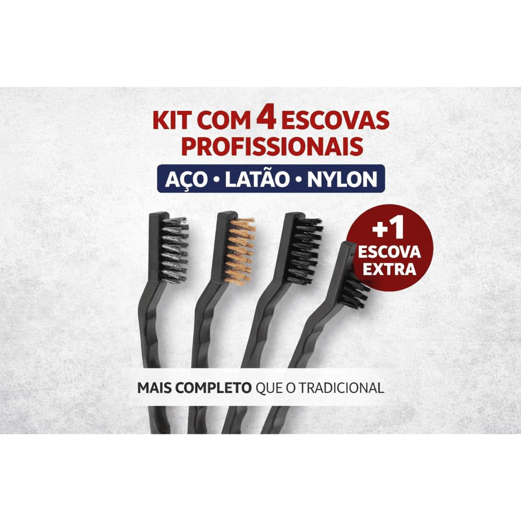 Kit 4 Escovas de Aço, Latão e Nylon Profissional – Escova de Limpeza para Ferrugem, Grelha, Rejunte e Trilhos