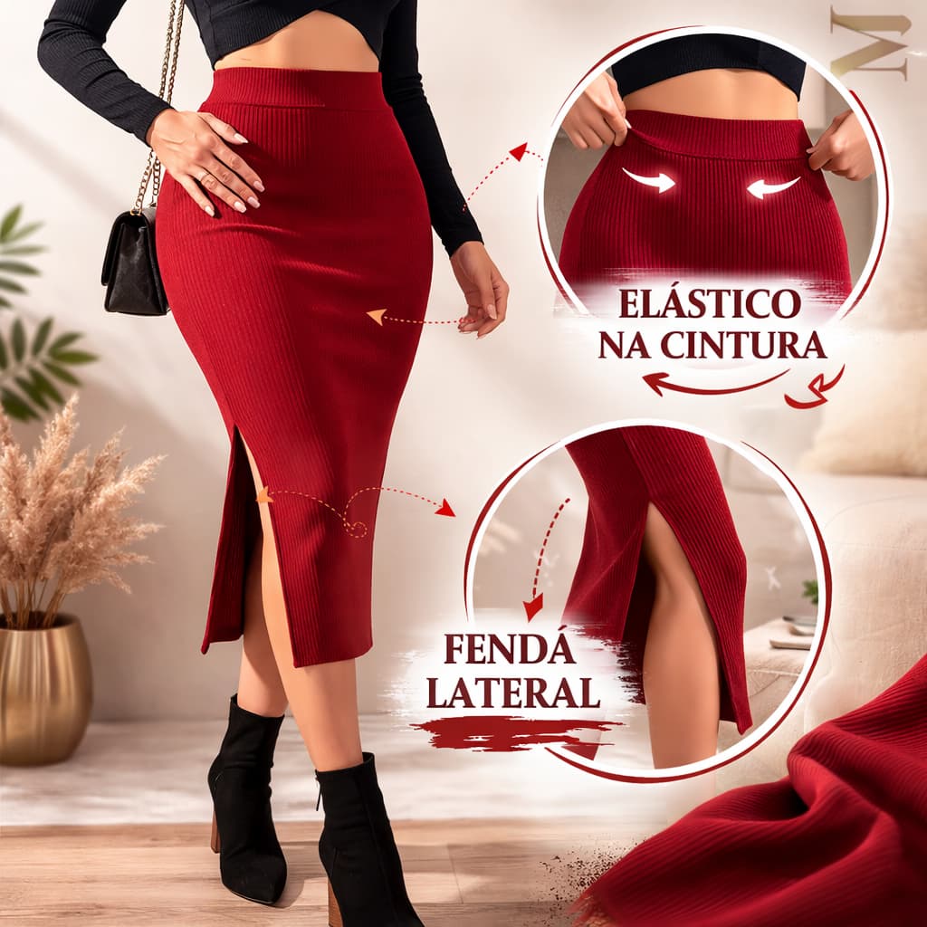 Saia Midi Cintura Alta com Fenda Lateral e Elástico – Modela o Corpo, Elegante e Confortável