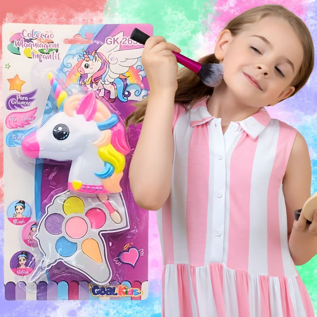Maquiagem Infantil Unicórnio 6 Sombras + Aplicador Registro ANVISA Estojo para Meninas e Bonecas