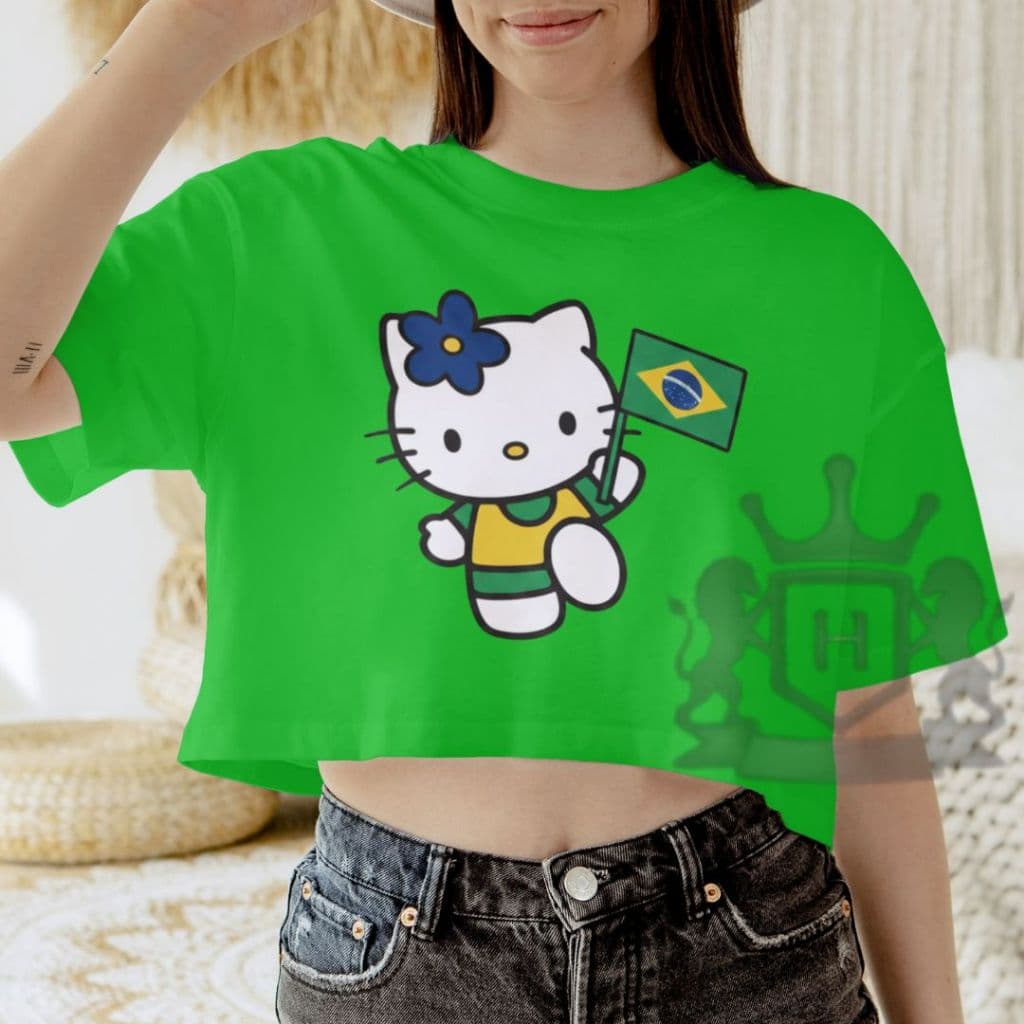 Cropped Blusa Feminina Hello Kitty Torcedora do Brasil - 100% Algodão Várias Cores Incluindo Verde e Amarelo
