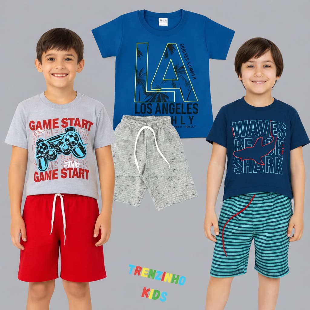 Kit 2 Conjuntos Infantil Masculino Camisa e Bermuda 1 a 3 Anos Roupa Menina Confortável