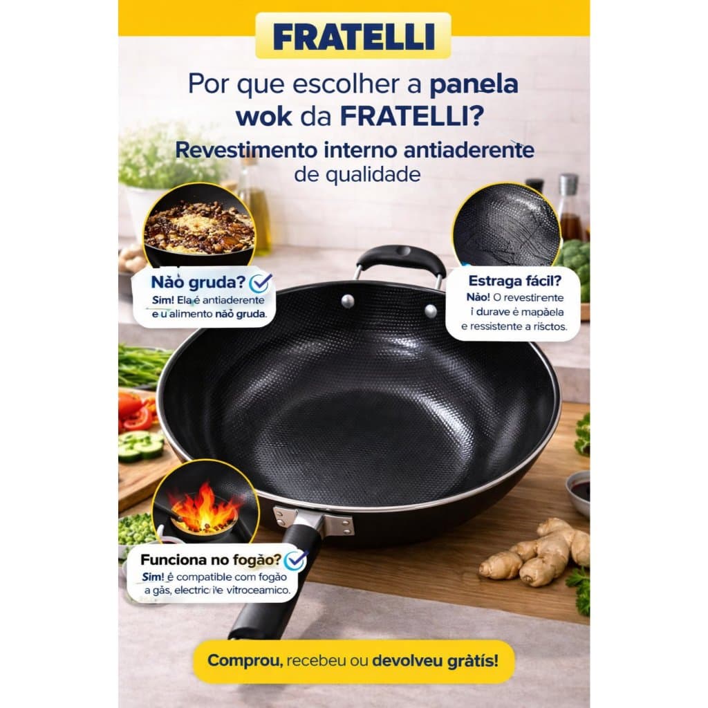 Frigideira Antiaderente Profissional 34cm Alumínio Preta Grande Work Cozinha Teflon