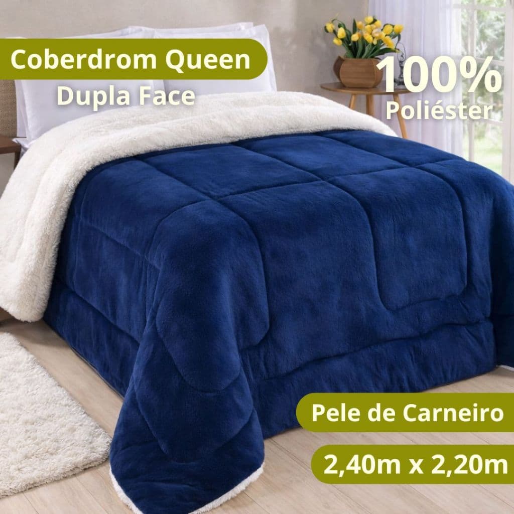 Coberdrom Queen 2,40x2,20 Dupla Face Sherpa Pele de Carneiro Extra Macio, Quente e Confortável