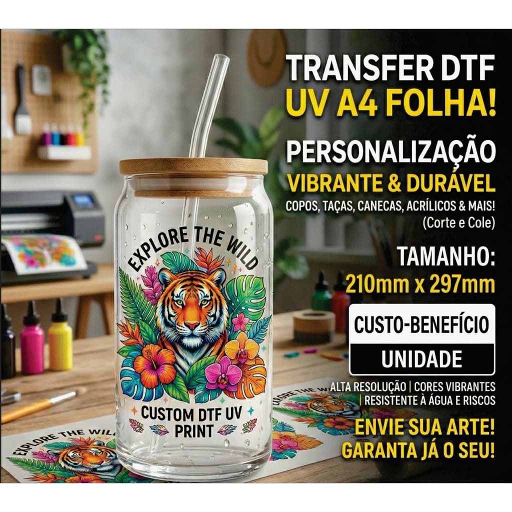 Adesivo DTF UV Personalizado A4 (21x29,7cm)  Aplique Ideal para Copos, Canecas, vidros plasticos