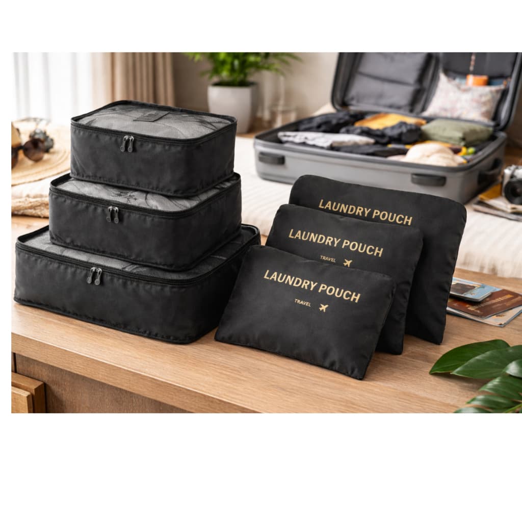 Kit 6 Bolsas Organizadoras Mala Viagem Roupas Infantil Impermeavel Bagagem Necessaire Cinza Preto