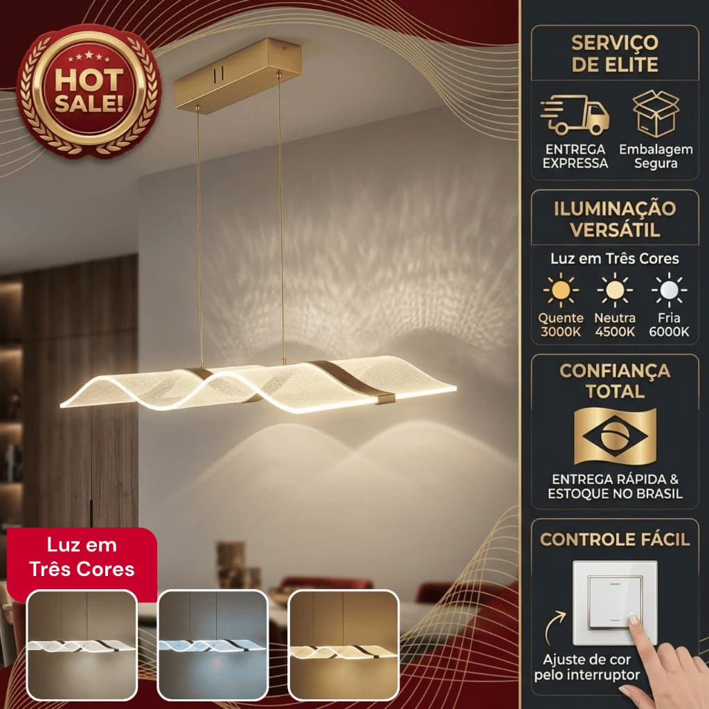 Lustre Pendente LED 60W Moderno Ondulado Dourado Sala Quarto 3 Cores Bivolt Branco Neutro Quente