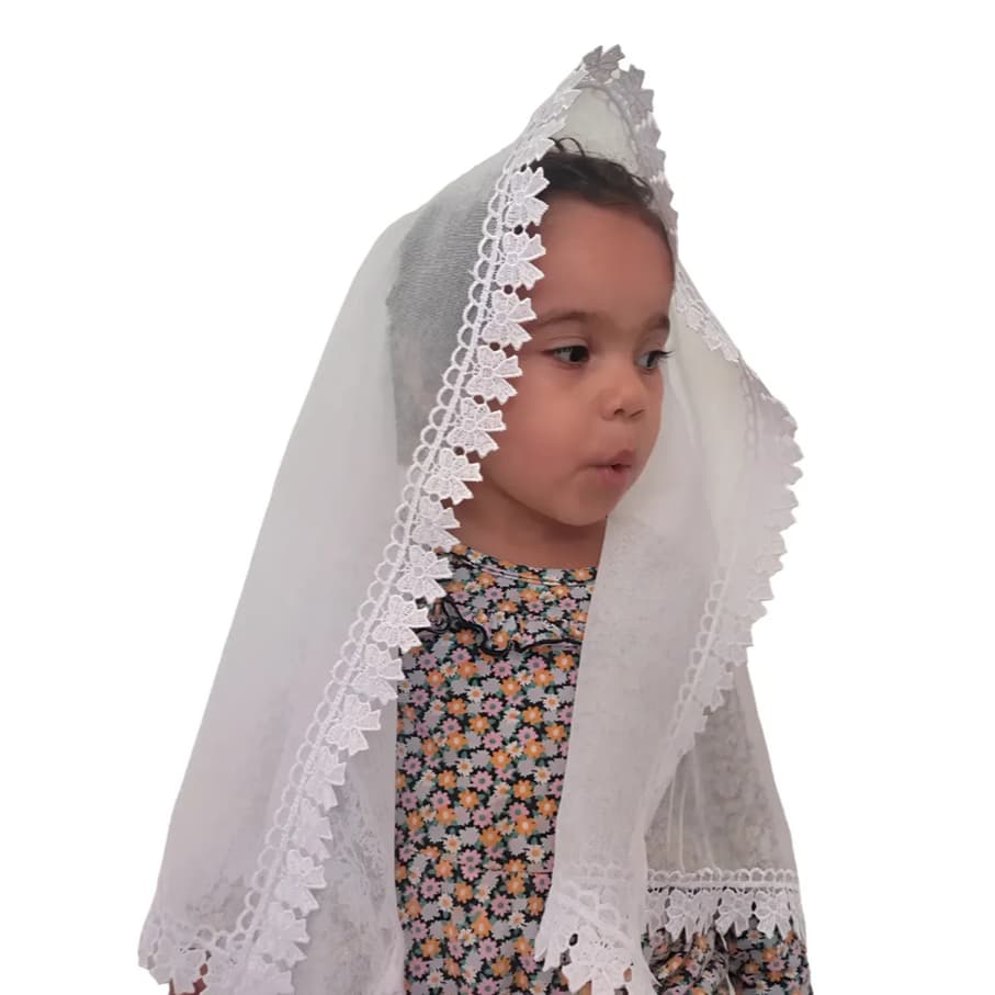 Véu Infantil Quadrado Luxo Bruna Gabrielle Guipir Flores Arabescos Algodão Congregação CCB