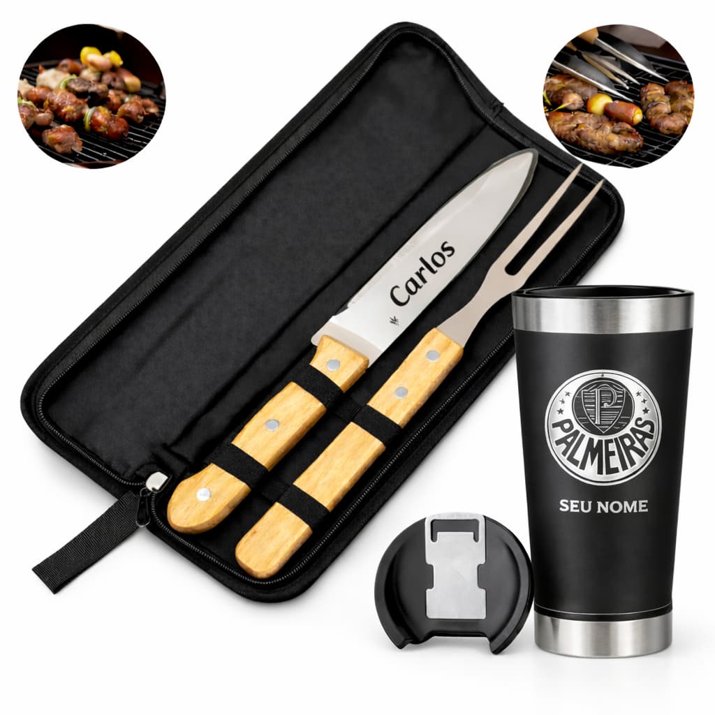 Kit Churrasco 2 Peças Com Copo Personalizado Logo Time De Futebol